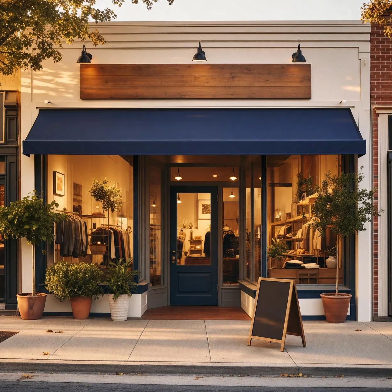 A small business storefront with warm lighting at golden hour
